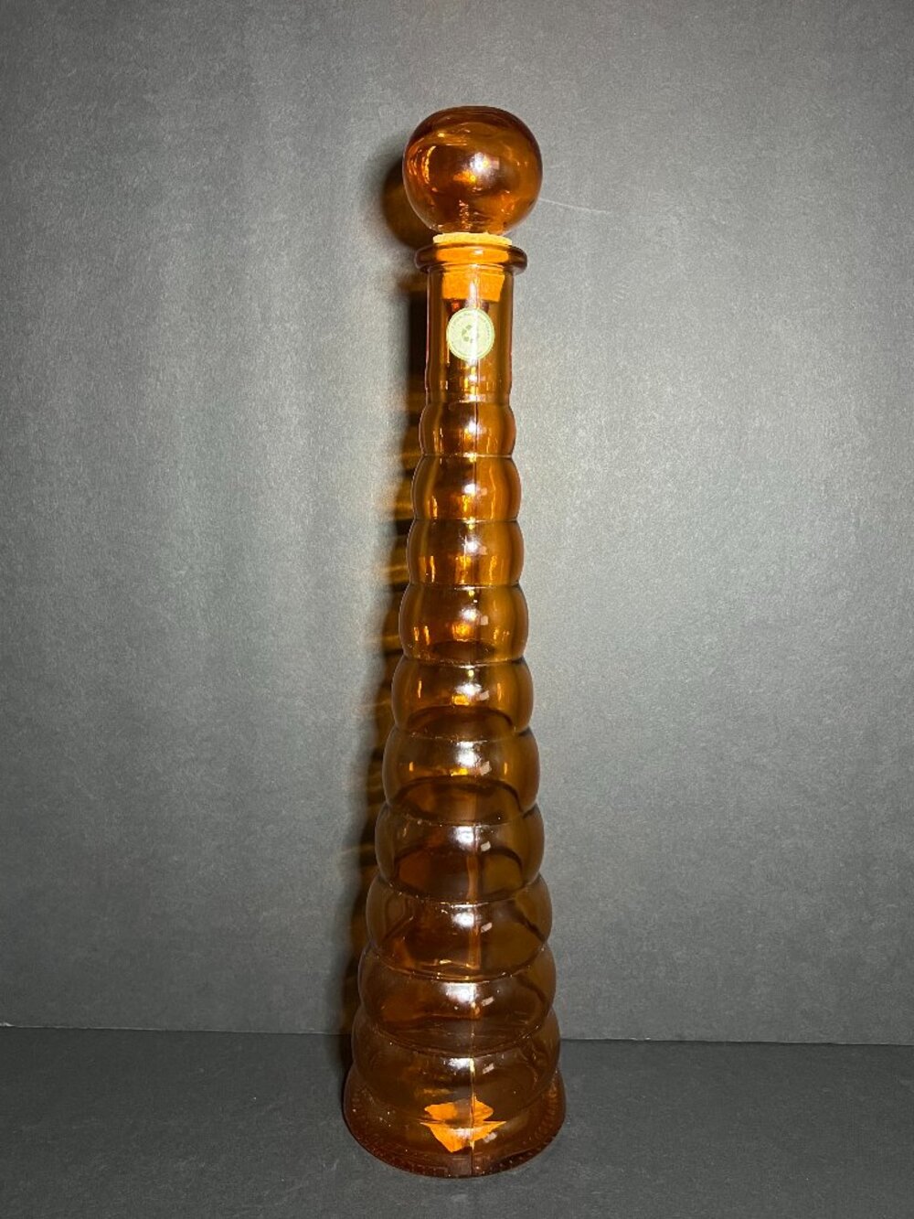 VTG Handmade 100% Recycled Orange Glass Beehive Ribbed Decanter Bottle w Stopper